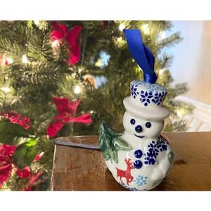 Polish Pottery Christmas Snowman Ornament Handmade Poland Manufaktura Tree Gift